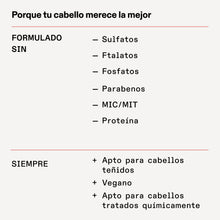 Cargar imagen en el visor de la galería, Tabla de beneficios de WEIGHTLESS NOURISHING de olaplex, sin sulfatos, ftalatos, fostafos, parabenos, mic/mit, proteinas, apto para cabellos teñidos, vegano