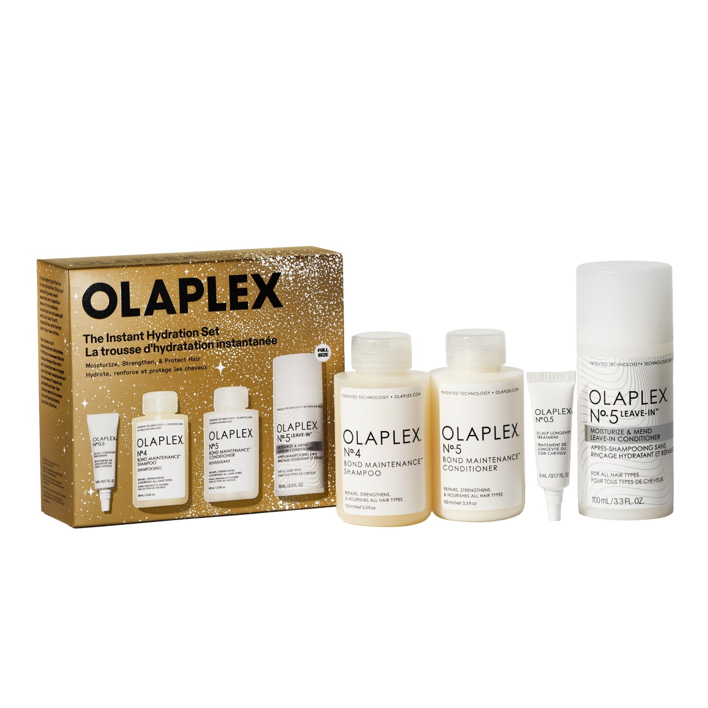 Caja de kit The Instant Hydration Set olalex con N°4, N°5, N° 0.5, N° Leave in